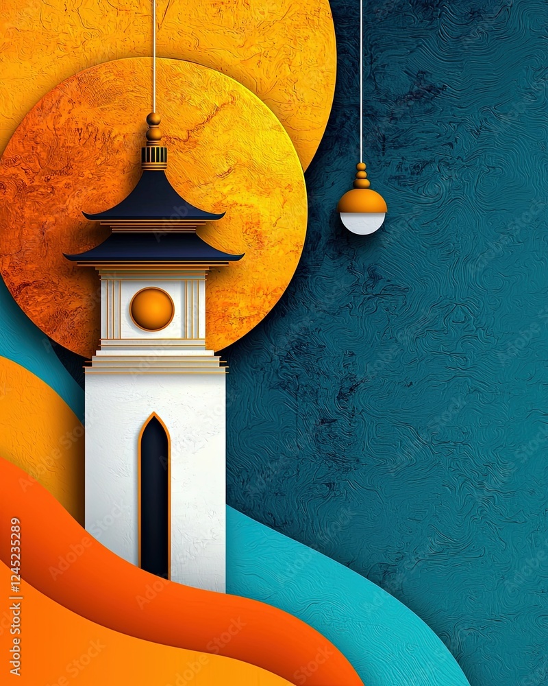 Poster providing a sense of calm and tranquility, colorful abstract concept with oriental architecture and 