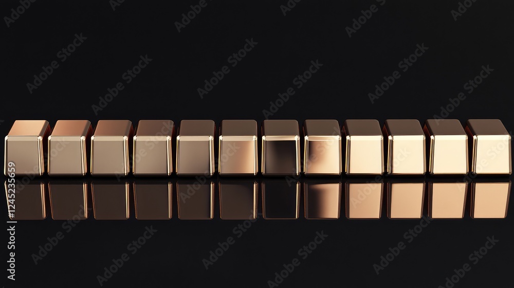 Poster a row of gold bars stacked one on top of the other with soft reflections on a black surface.
