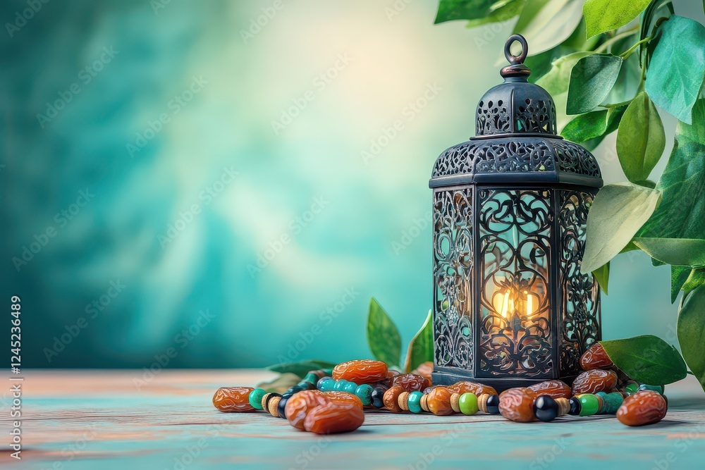 Aufkleber decorative lantern illuminating a serene setting with colorful beads and dates, surrounded by greene
