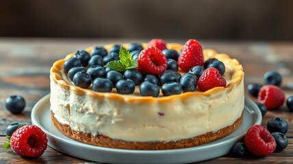 Delicious cheesecake with fresh berries and mint garnish served on a rustic wooden table