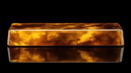 A shining gold bar with a rich golden gleam, placed on a smooth reflective surface.