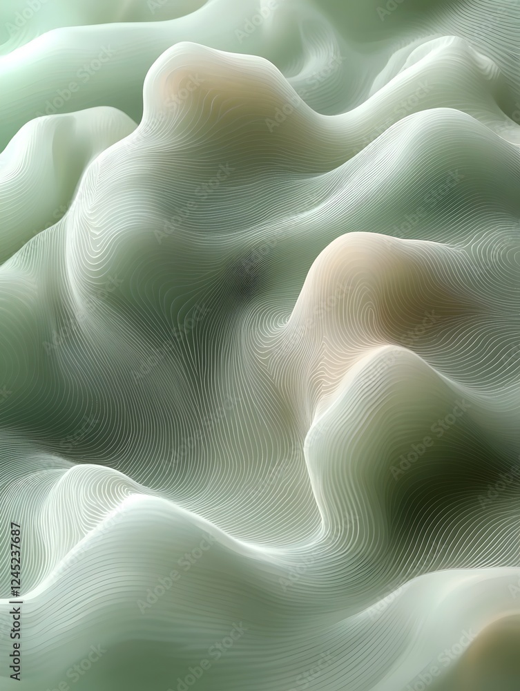 Poster an abstract representation of soft, flowing waves in shades of green and cream, creating a serene an