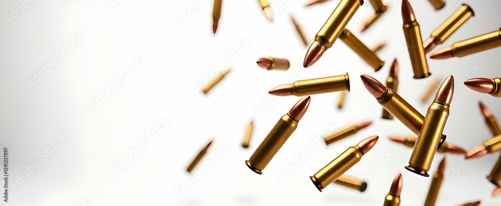 Poster a captivating display of falling bullets creating tension in a minimalistic white background