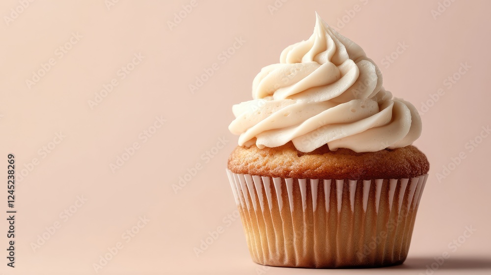 Poster a single cupcake with elegant swirls of frosting, placed in the center of a minimal pastel backgroun