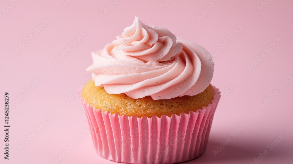 Poster a single cupcake with elegant swirls of frosting, placed in the center of a minimal pastel backgroun