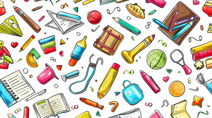 Colorful assortment of school supplies and stationery items scattered on a white background (1)