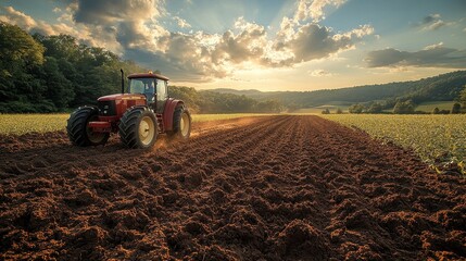 Tractor on rural farm at sunset with plowed field and scenic landscape