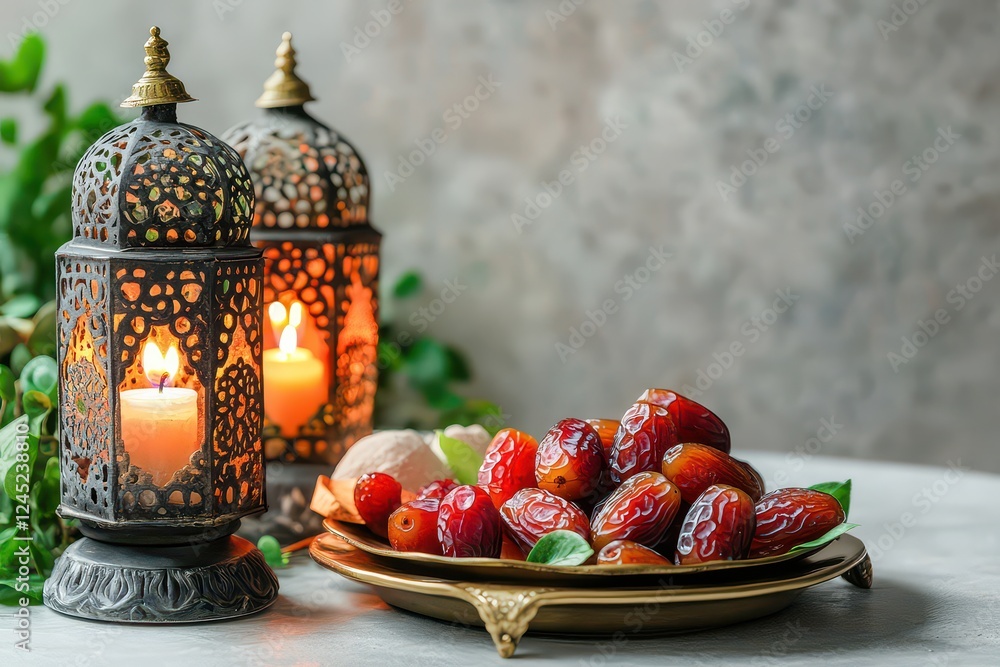 Poster elegant table setting featuring a plate of fresh dates with lanterns and greenery in the background