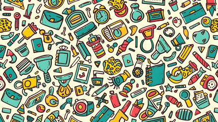 Fototapeta premium Colorful doodle pattern featuring various school and office supplies on a light background (2)