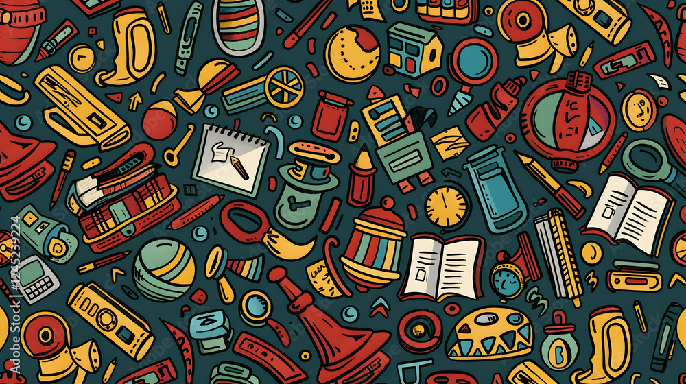 Poster colorful abstract pattern of various school supplies and objects on a dark background