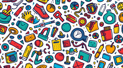 Colorful and playful doodle pattern featuring various school and office supplies on a white background