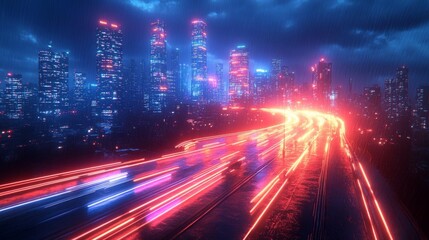Rainy neon city with moving cars. Generative AI