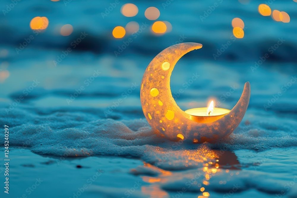 Poster glowing crescent moon candle on a serene beach at twilight with soft waves and bokeh lights