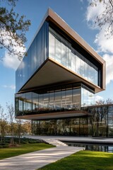 A striking building features an innovative cantilevered design with extensive glass and wooden elements, surrounded by landscaped lawns and trees, against a bright sky. Generative AI