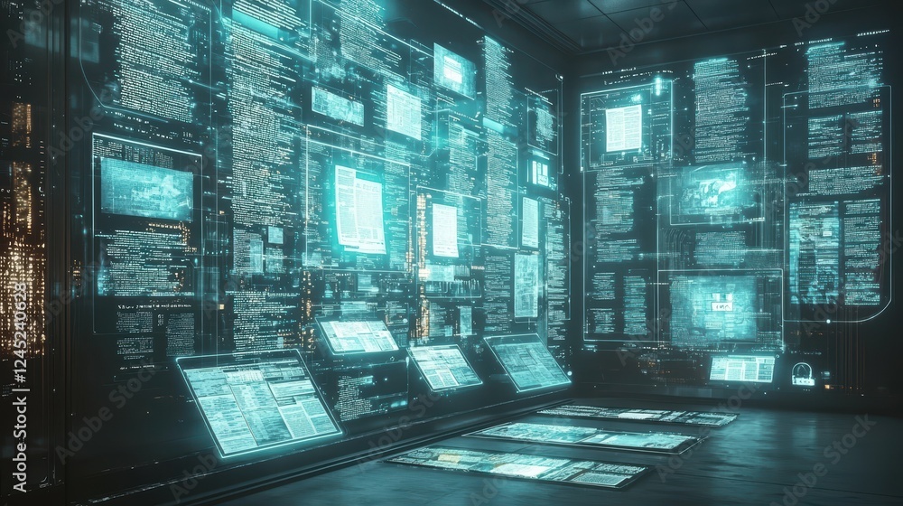 Poster futuristic archive room with floating digital displays and interfaces