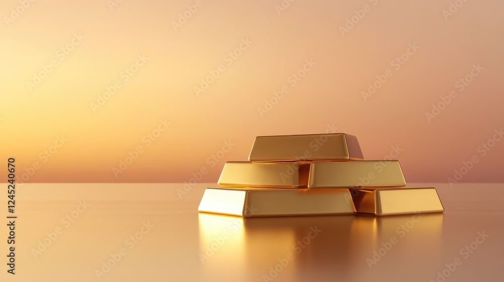Poster a stack of gold bars on a smooth metallic surface with a soft glow, representing stability and growt