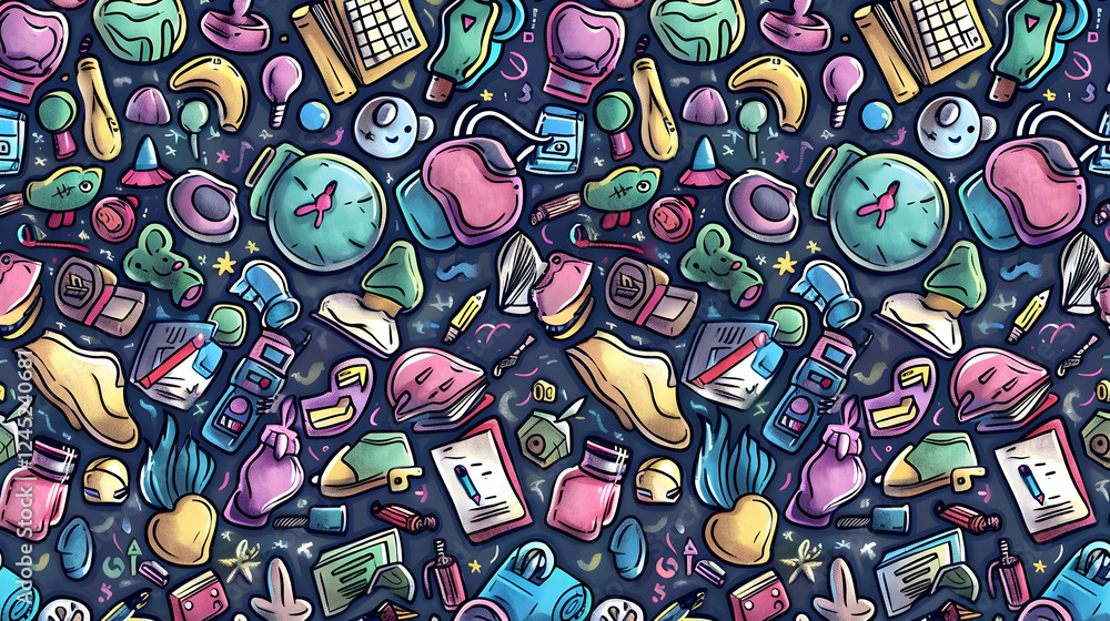 Poster colorful pattern of various everyday objects and symbols, showcasing a lively and creative backgroun