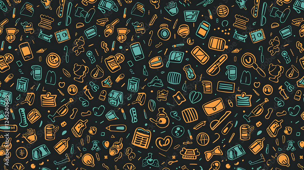 Poster colorful pattern of various everyday objects and symbols on a dark background, ideal for design