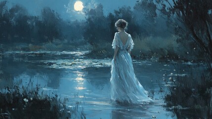 AI Generate A Sorrowful Woman In A Flowing Gown Standing In A Moonlight Garden
