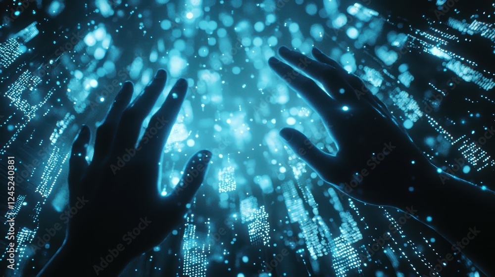 Poster hands controlling a swarm of glowing data points in digital space