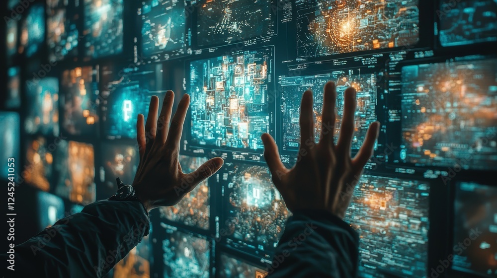 Poster hands gesturing to control multiple floating digital interfaces in space