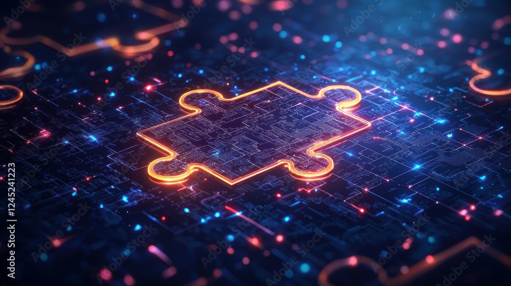 Poster digital puzzle piece concept representing smart contracts and interlocking technology