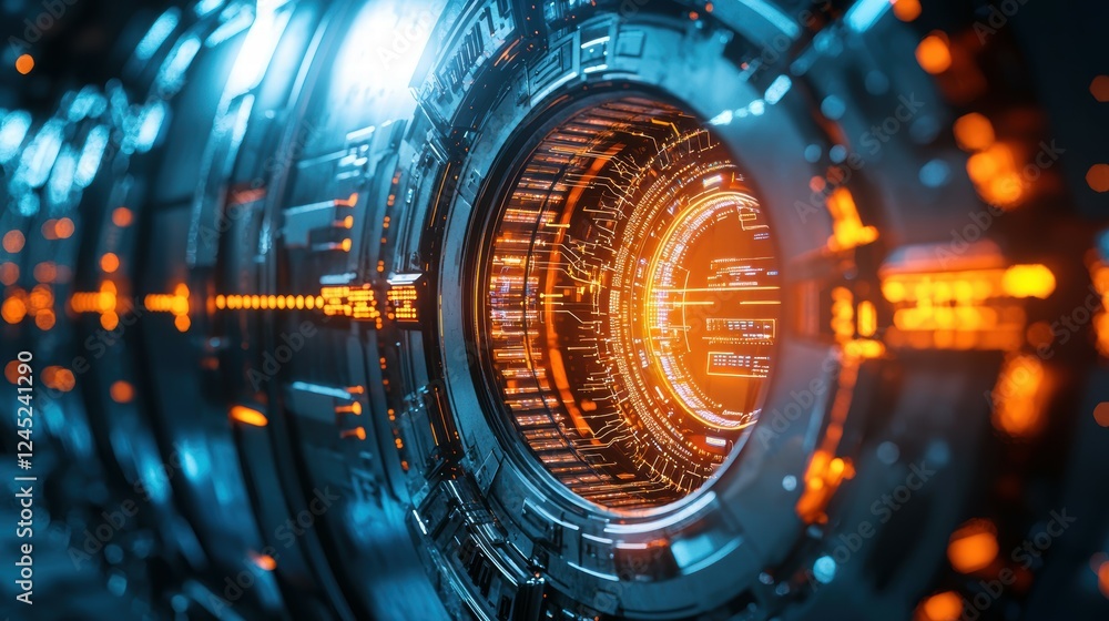 Poster futuristic bank vault with layered security systems and digital interface