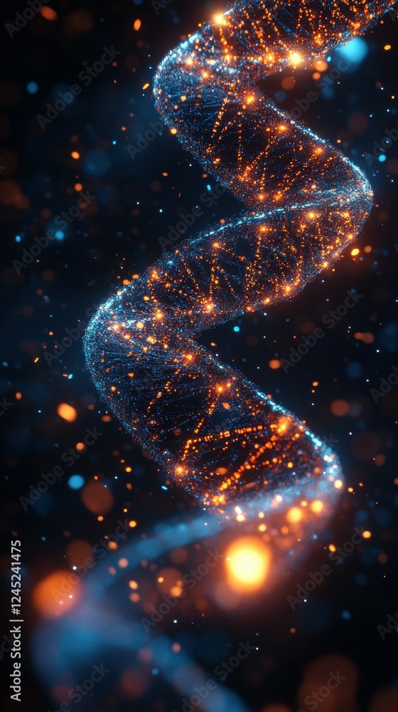 Poster digital representation of dna strands intertwined with binary code elements