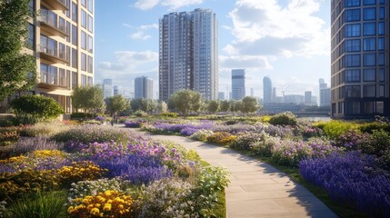 Fototapeta premium A thriving garden with perennial plants and vibrant flowers, with plenty of open space around it for creative branding.