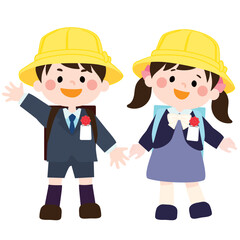 入学式でランドセルを背負い嬉しそうに笑うこどもたちのベクターイラスト