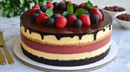 A vegan chocolate cake with rich cocoa layers, elegantly displayed on a clean, minimal surface.