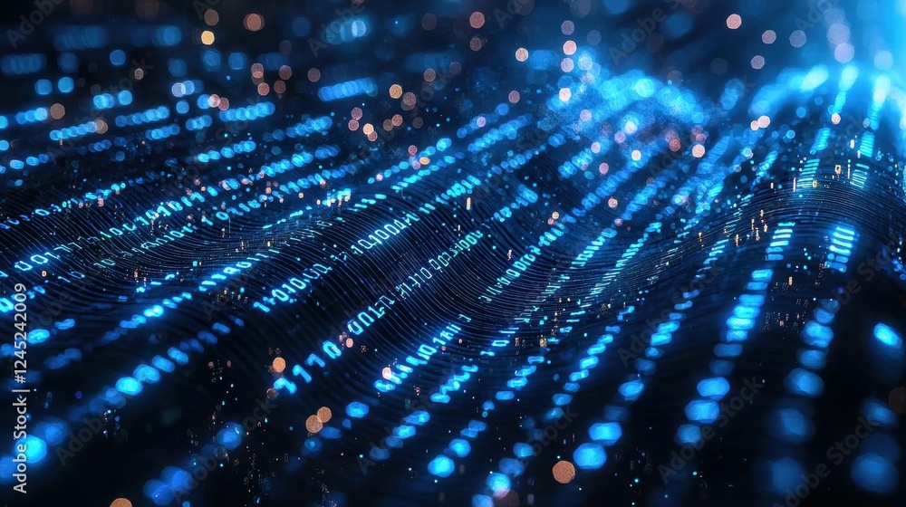 Poster streams of binary code forming an abstract digital data visualization