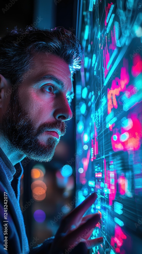 Poster futuristic trader analyzing data on holographic display at night