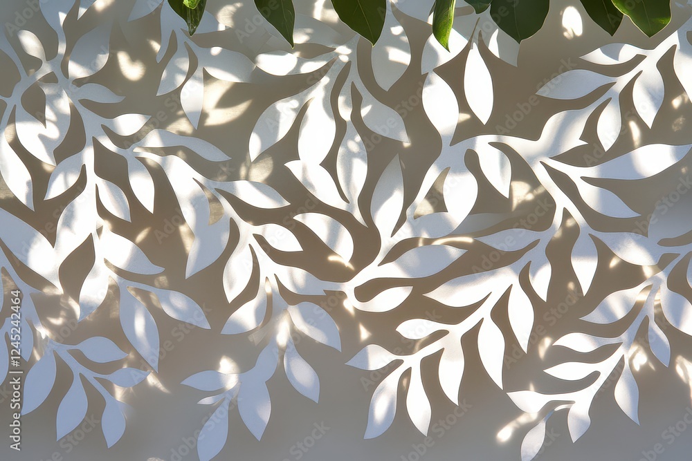 Poster intricate shadow patterns of leaf silhouettes cast on a light wall, creating a serene atmosphere
