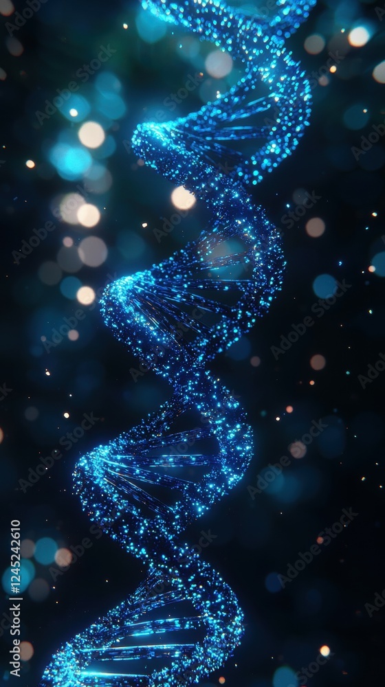 Poster glowing blue dna helix forming with sparkling bokeh background