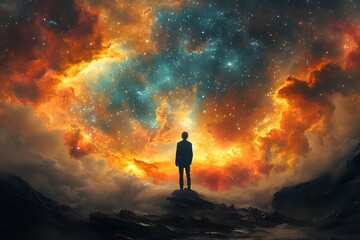 Fototapeta premium Man gazing at colorful nebula from mountain peak