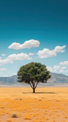Lone Tree in Open Landscape Under Clear Blue Sky with Gentle Clouds