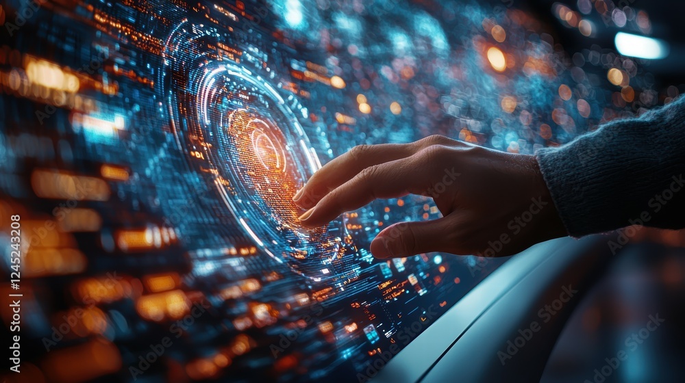Poster hands navigating through digital layers on interactive screen