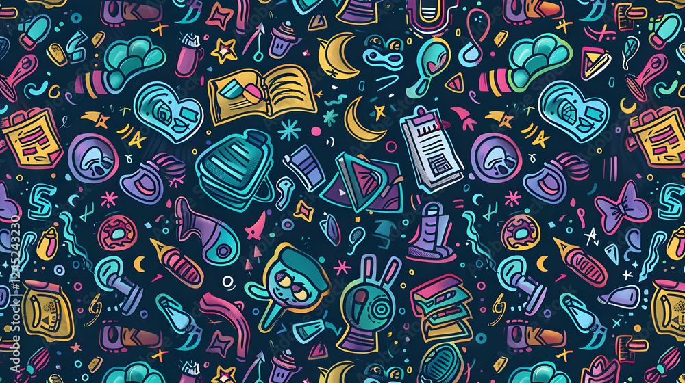 Poster colorful pattern featuring various doodles of objects, tools, and symbols on a dark background