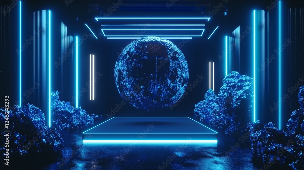 Poster futuristic abstract podium in 3d with floating globe and neon lights
