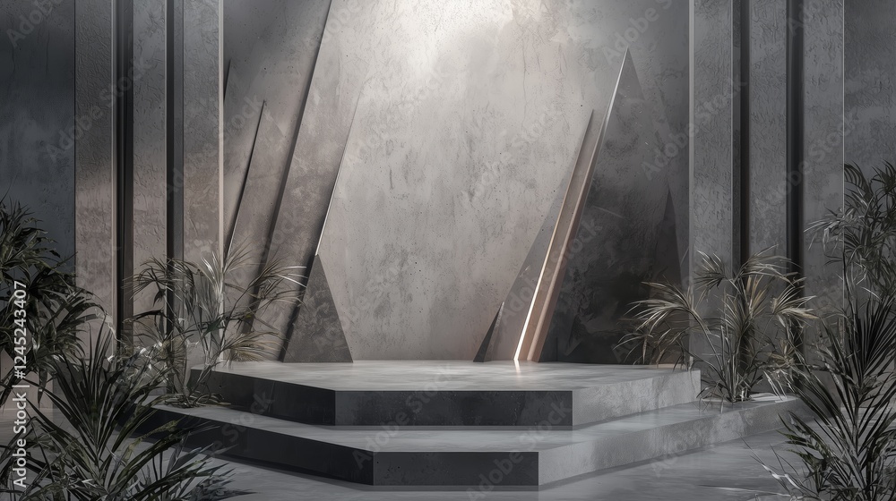 Poster abstract geometric podium display with sharp edges and plants