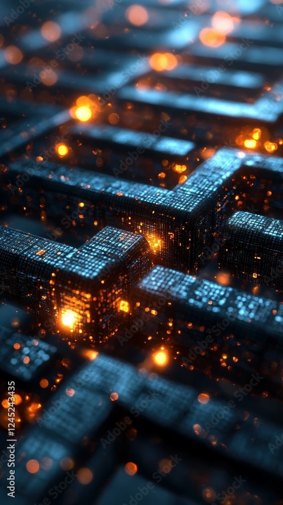 Poster abstract blockchain concept visualized in glowing 3d grid structure