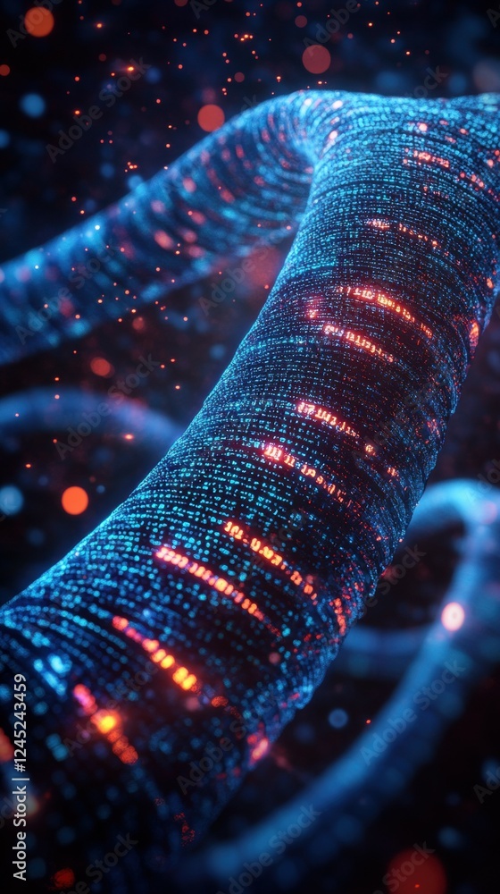 Poster intricate dna strands resembling binary code in vibrant colors