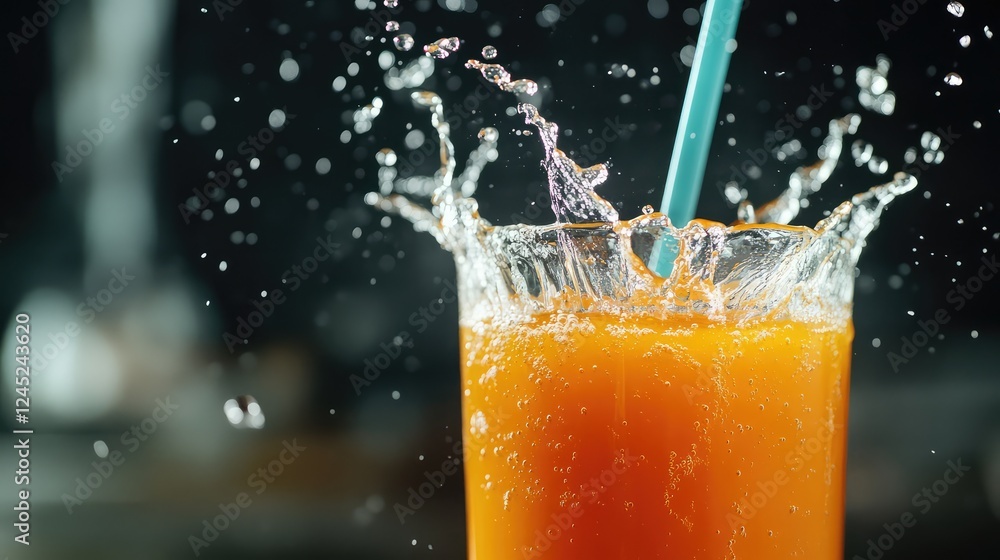 Aufkleber dynamic shot of a boxed juice tilted at an angle with vibrant splashes of juice bursting from the st