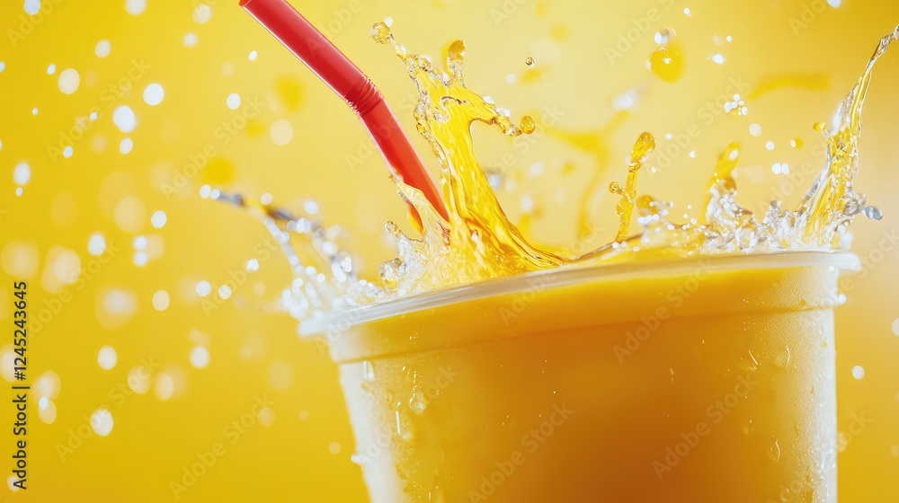 Aufkleber dynamic shot of a boxed juice tilted at an angle with vibrant splashes of juice bursting from the st