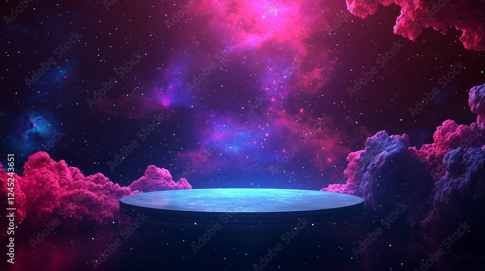 Poster cosmic podium floating in empty space with glowing nebula background