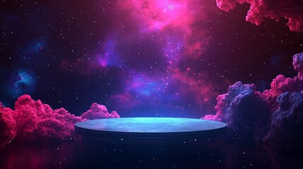 Cosmic Podium Floating in Empty Space with Glowing Nebula Background