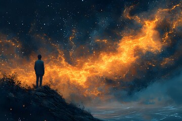 Fototapeta premium Man on cliff watches fiery nebula over ocean at night
