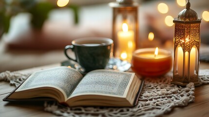 Ramadan Suhoor Setting with Warm Candlelight and Tea.