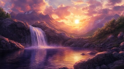 Fototapeta premium Sunset waterfall mountain lake serene nature landscape